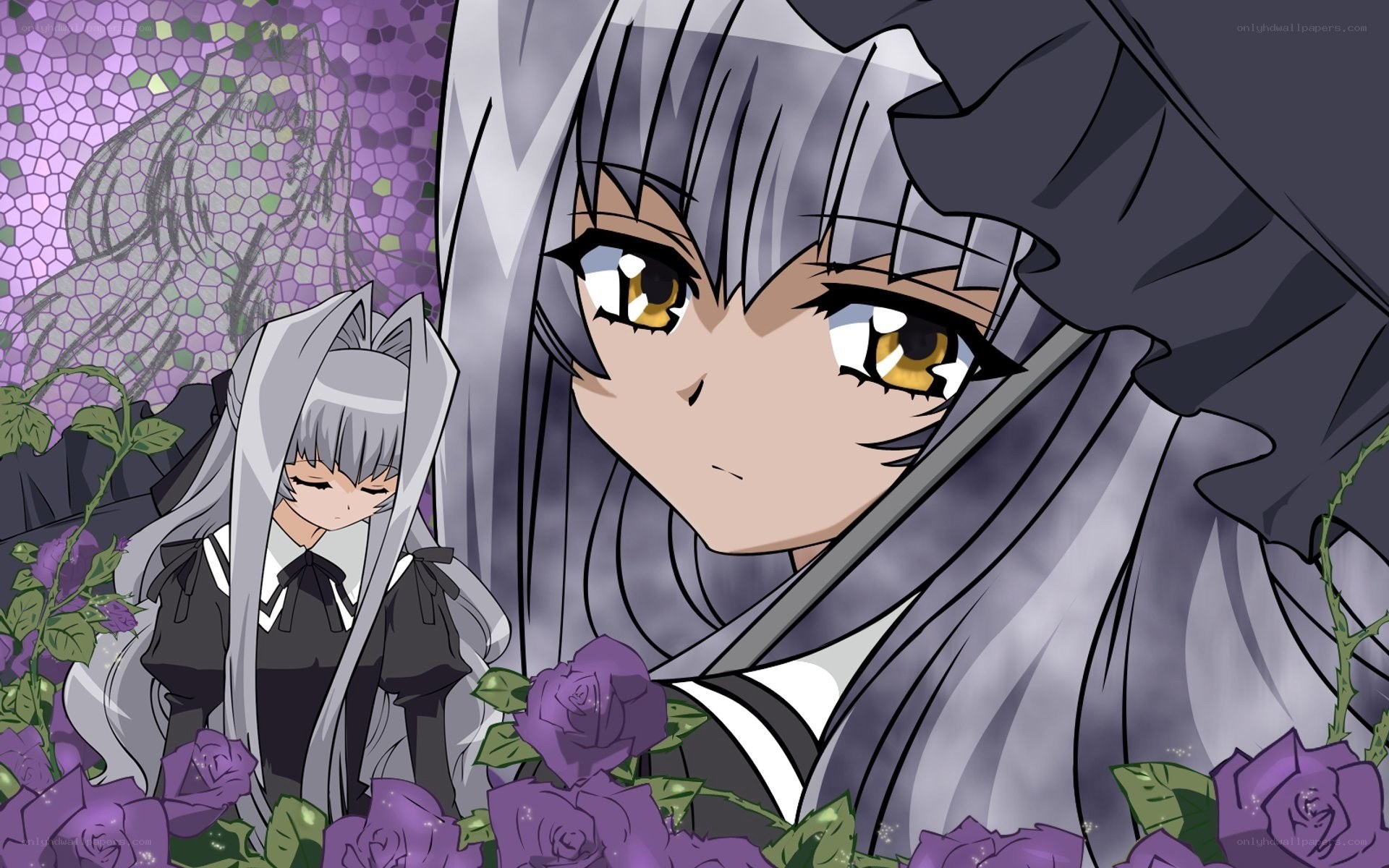 silver-haired anime girls with roses