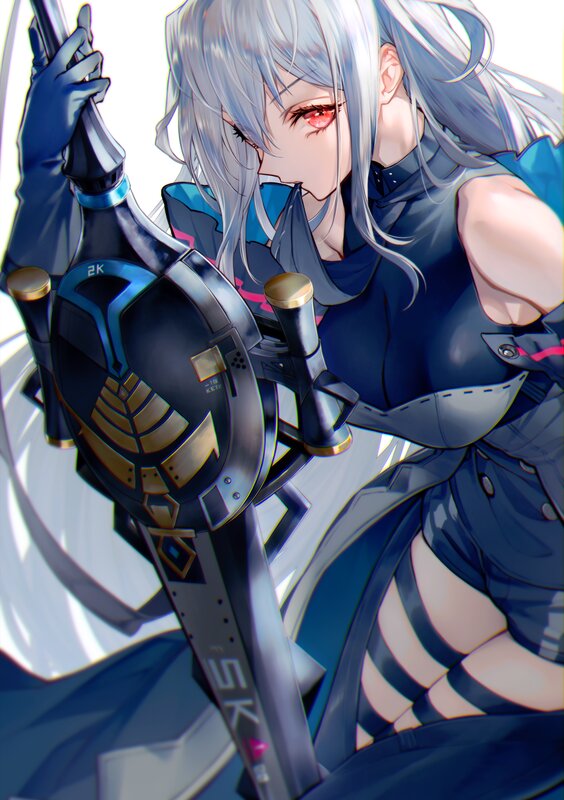 Silver-haired Anime Woman — Blue, Dramatic, Sword