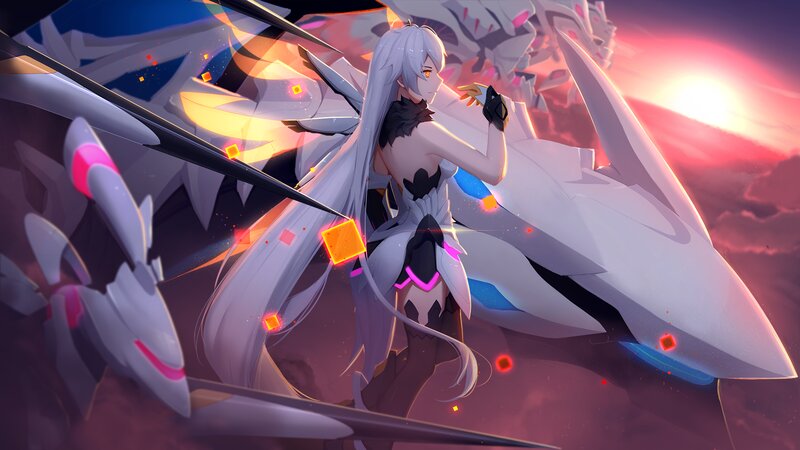 Silver-haired Anime Woman — White, Dramatic, Sunset