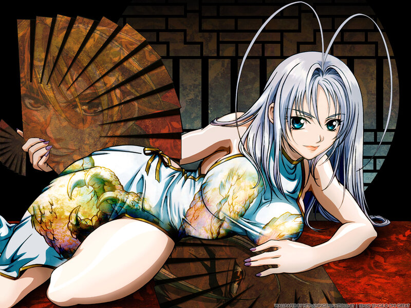 silver-haired anime woman with fan