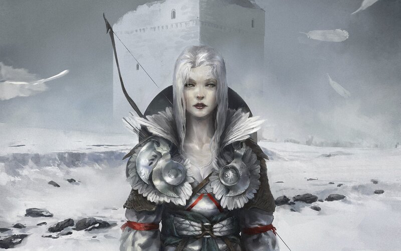 silver-haired archer in snowy landscape