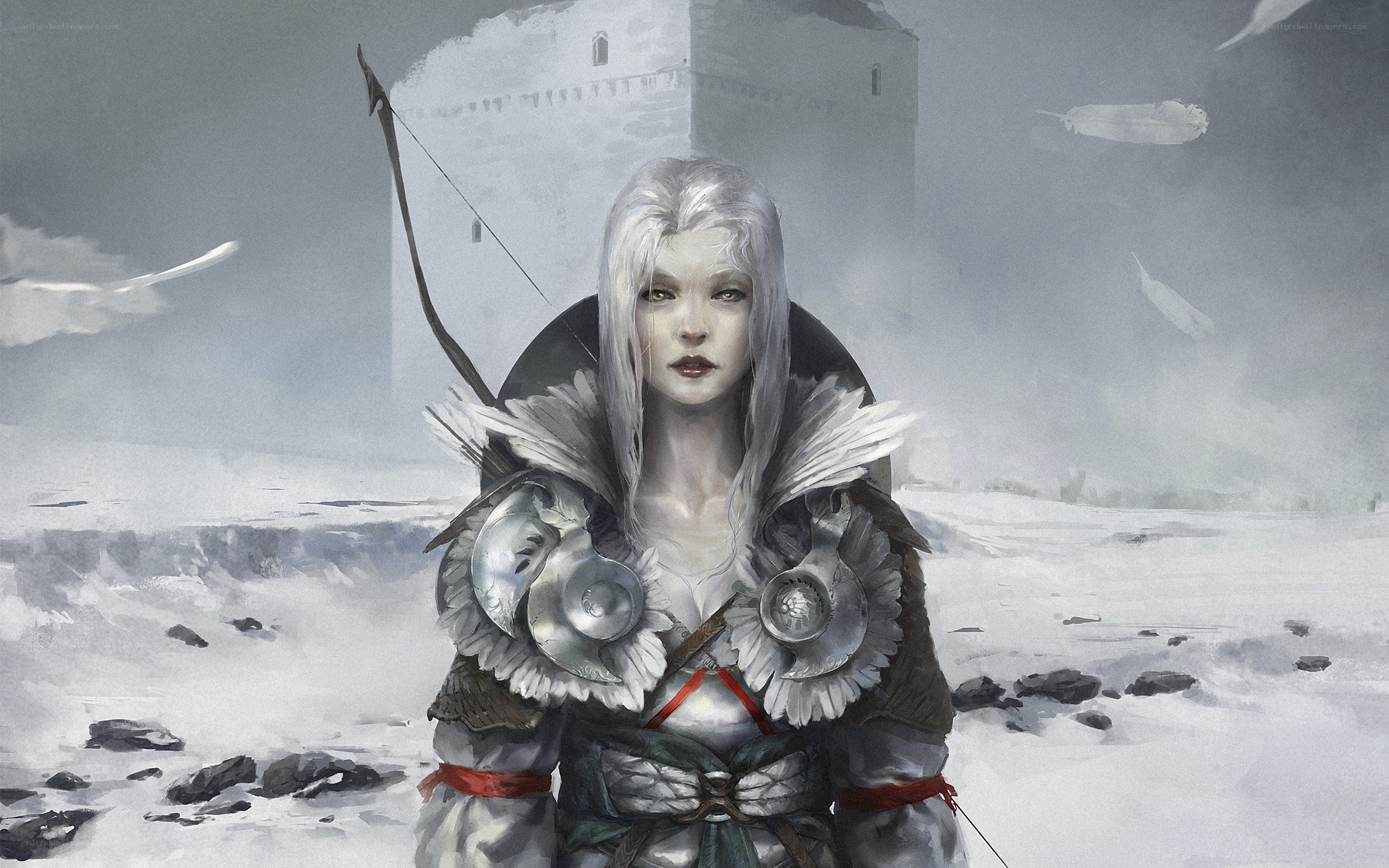 silver-haired archer in snowy landscape