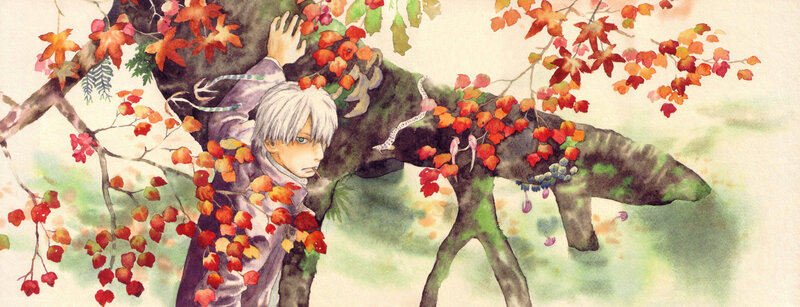 silver-haired boy under autumn tree