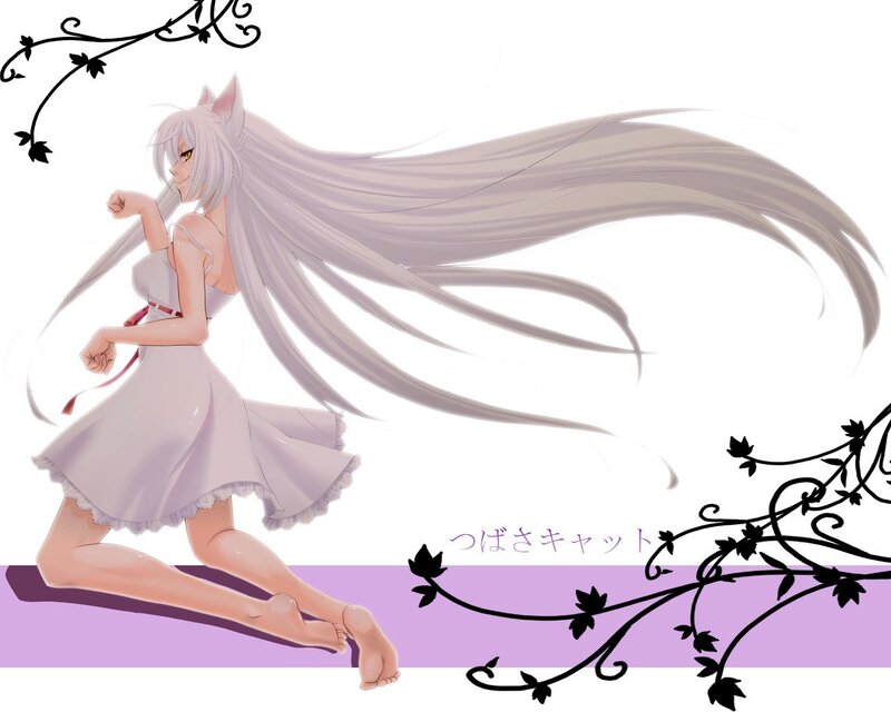 silver-haired cat girl in dress