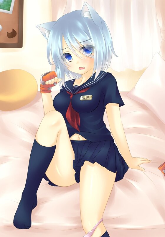 silver-haired cat girl in school uniform