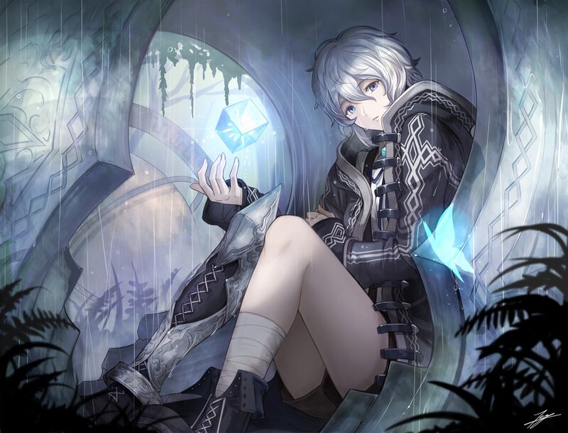 Silver-haired Character — Blue, Dramatic, Night, Digital Art, Rain