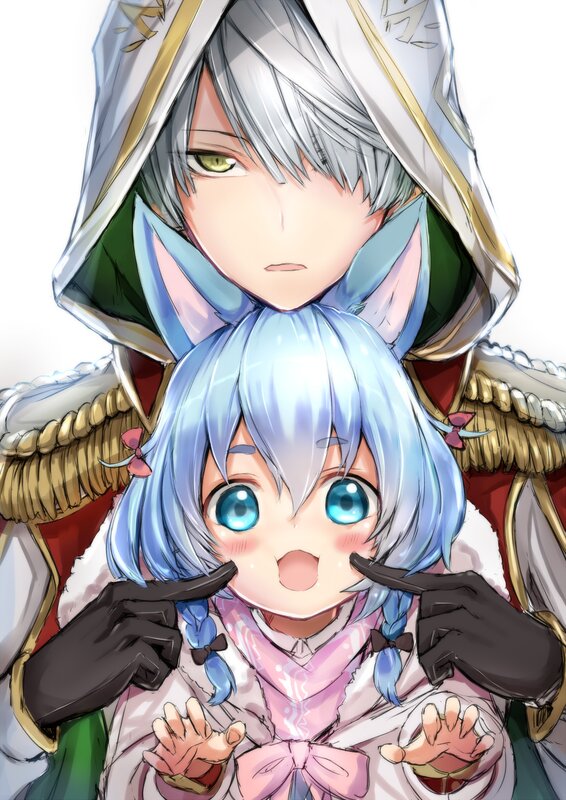 Silver-haired Character Holding Child — White