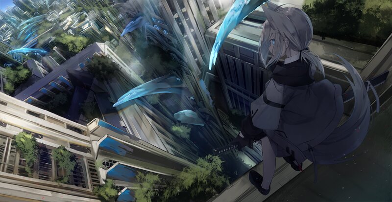 Silver-haired Character on Ledge — Gray