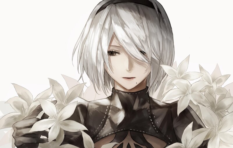 Silver-haired Character with Flowers — White