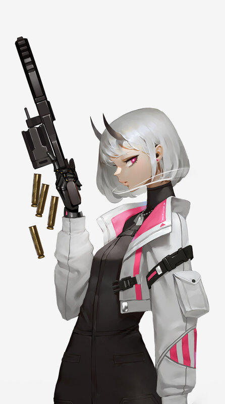 Silver-haired Character with Gun — White, Serious