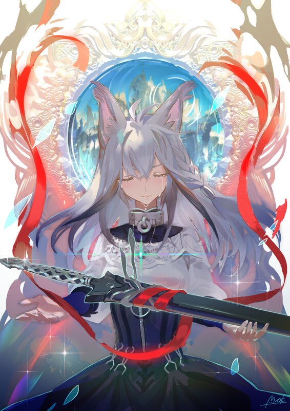 Silver-haired Character with Sword — White, Dramatic, Digital Art, Cat Ears