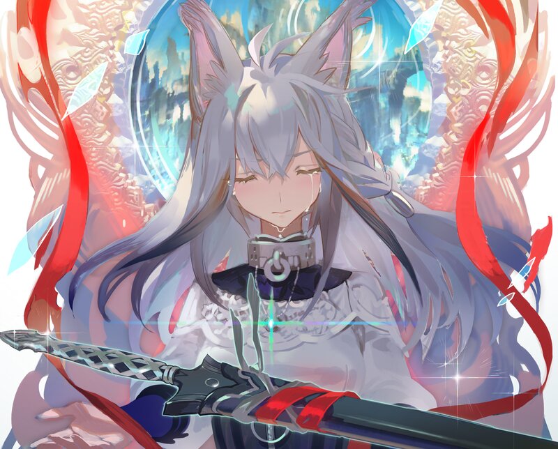 Silver-haired Character with Sword — White, Dramatic, Digital Art, Fox Ears