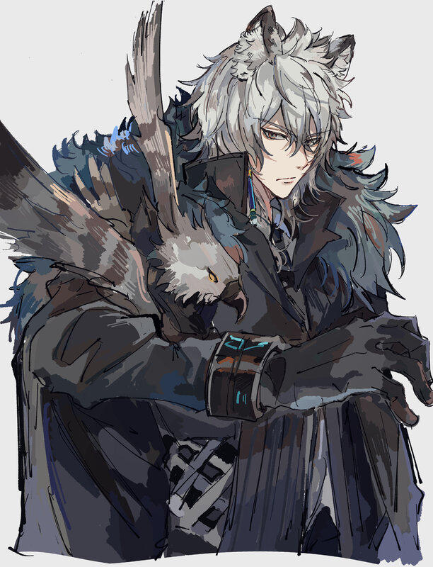 Silver-haired Character with Wolf — Gray