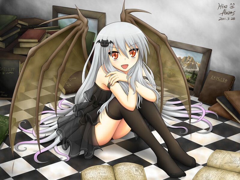 silver-haired demon girl in library