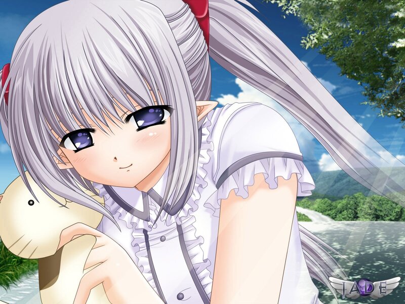 silver-haired elf girl with plush toy