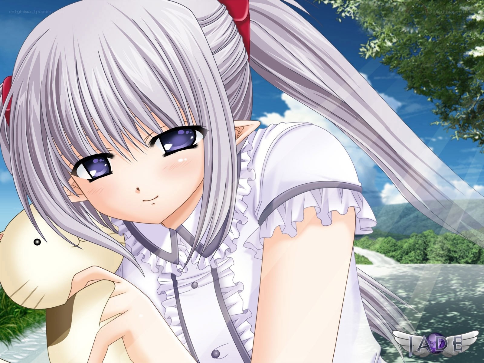 silver-haired elf girl with plush toy