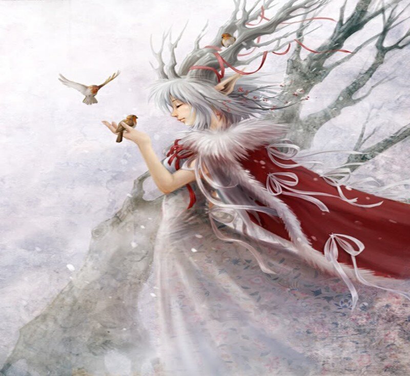 silver-haired elf with birds