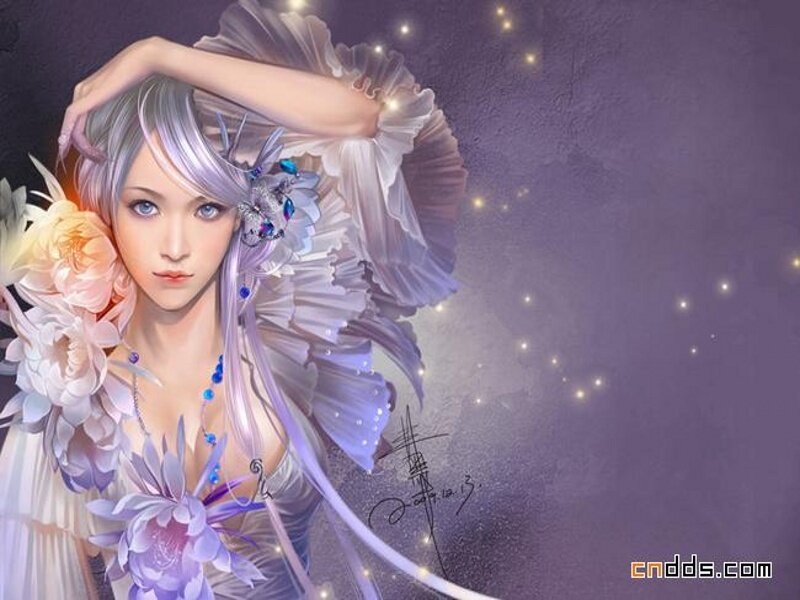 silver-haired fantasy woman with flowers