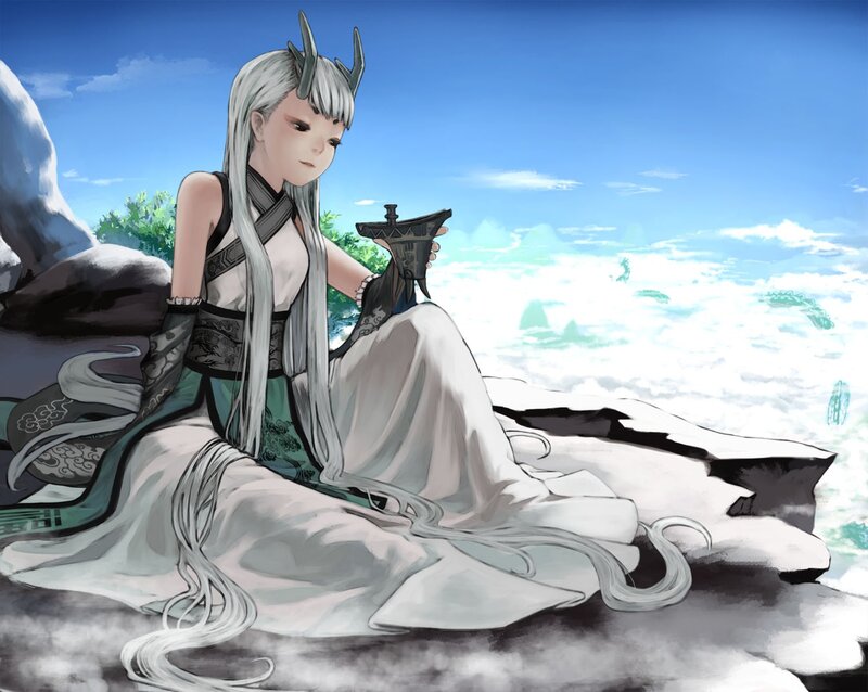 silver-haired figure on a cliff