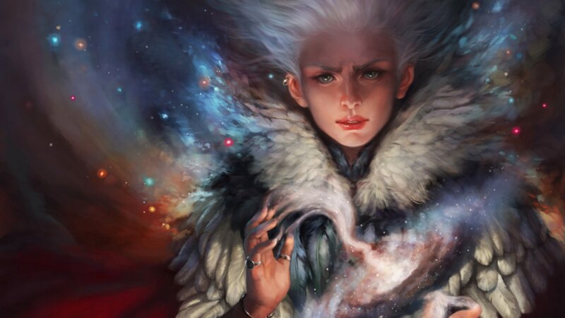 silver-haired figure with cosmic wings