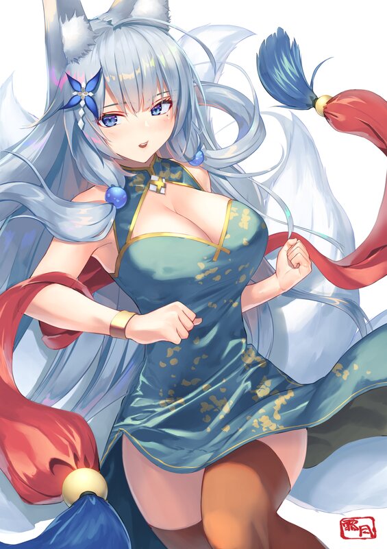Silver-haired Fox Girl — Blue, Playful