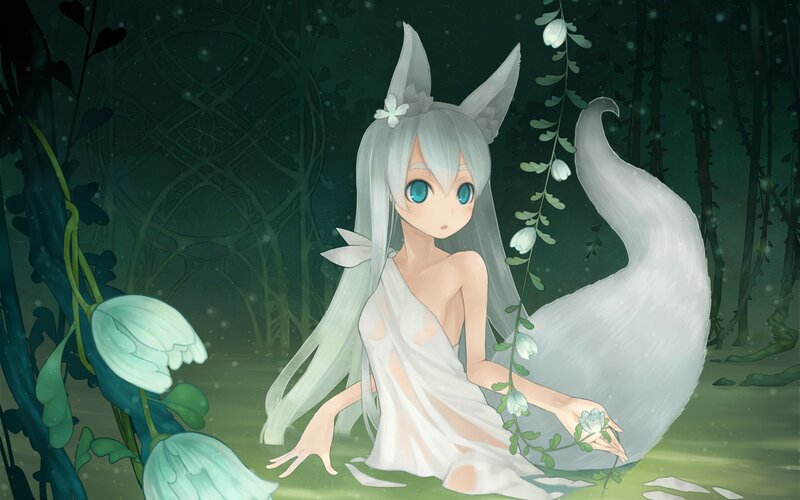 silver-haired fox girl in forest