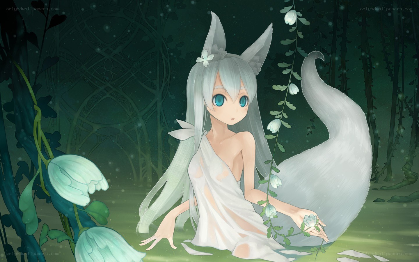 silver-haired fox girl in forest