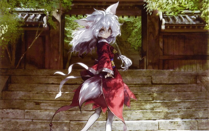 silver-haired fox girl in red kimono