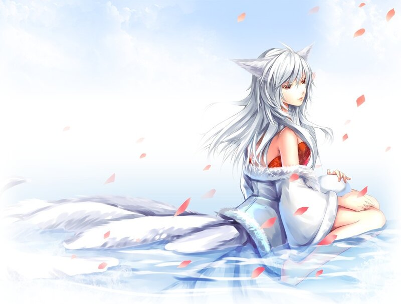 silver-haired fox girl in water