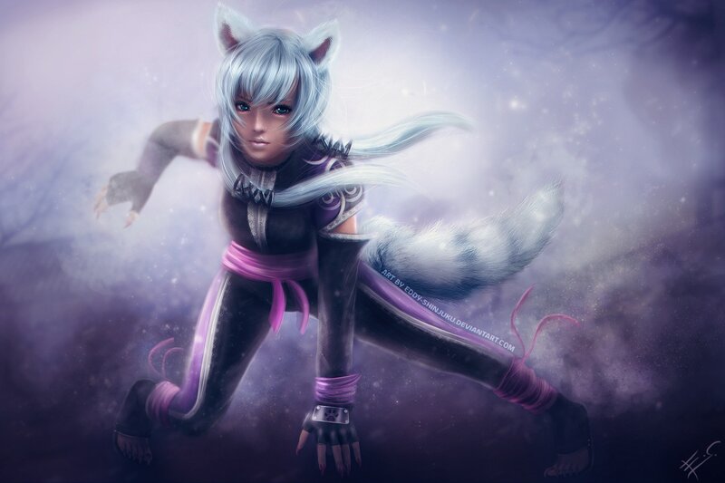 Silver-haired Fox Girl — Purple, Dramatic, Digital Art