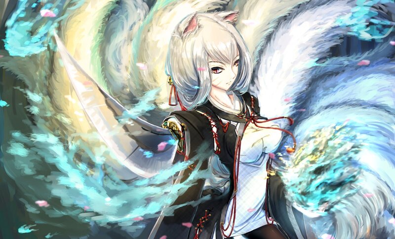 Silver-haired Fox Girl — White, Dramatic, Digital Art