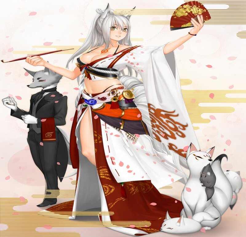 Silver-haired Fox Girl — White, Playful