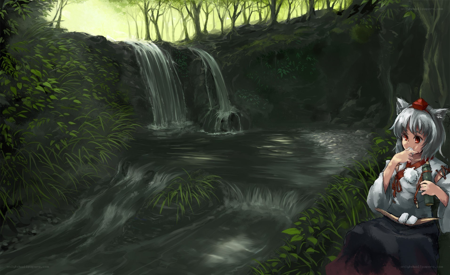 silver-haired girl by a waterfall