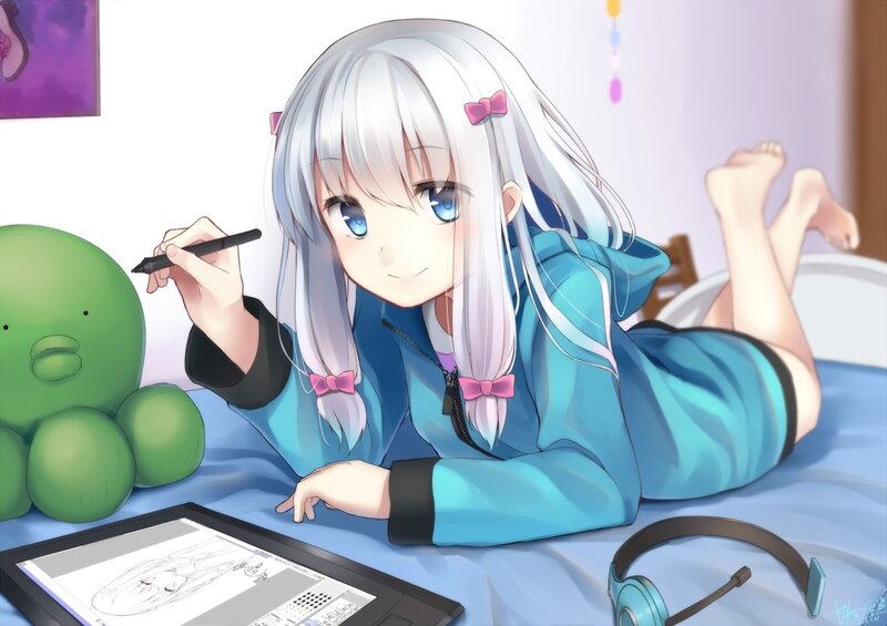 Silver-haired Girl Drawing — Blue, Calm, Digital Art
