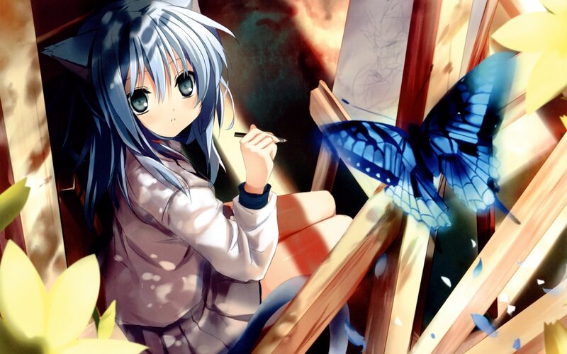 Silver-haired Girl Drawing — Blue