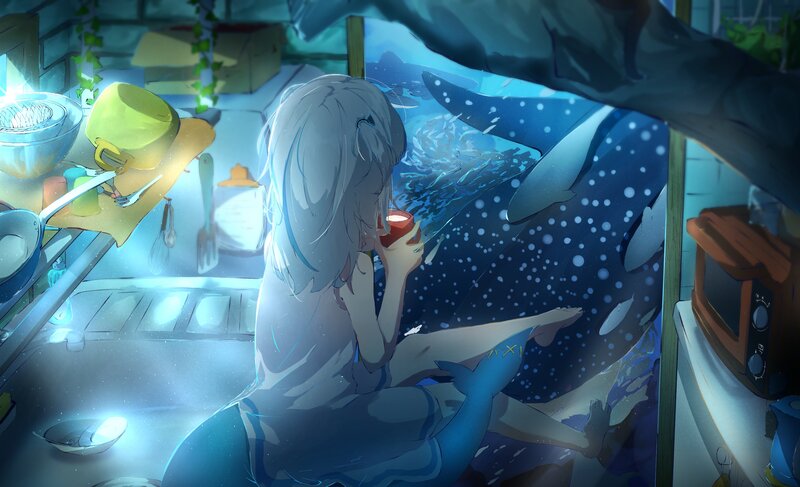 Silver-haired Girl Drinking — Blue