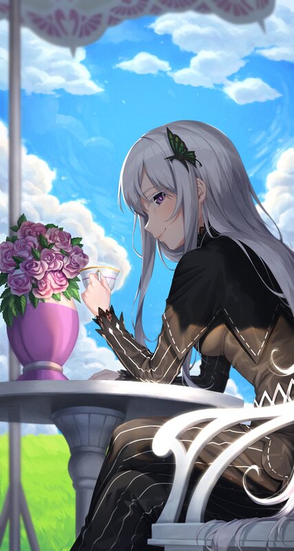 Silver-haired Girl Drinking Tea — Blue