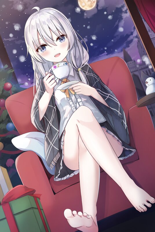 Silver-haired Girl Drinking Tea — Red
