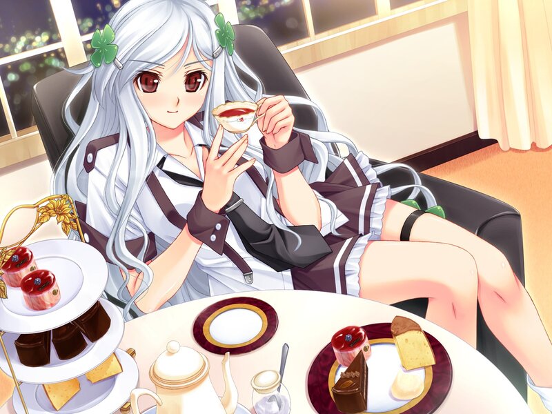 Silver-haired Girl Drinking Tea — White, Calm