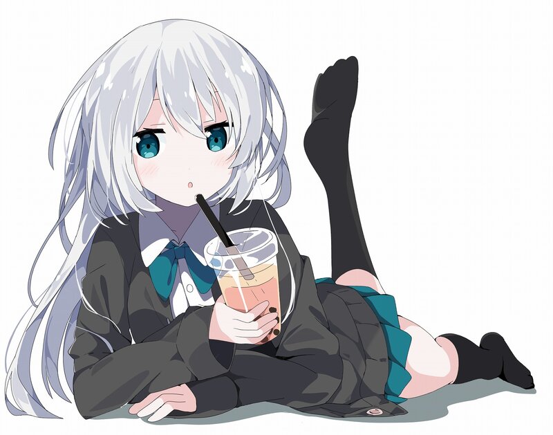 Silver-haired Girl Drinking — White, Relaxed