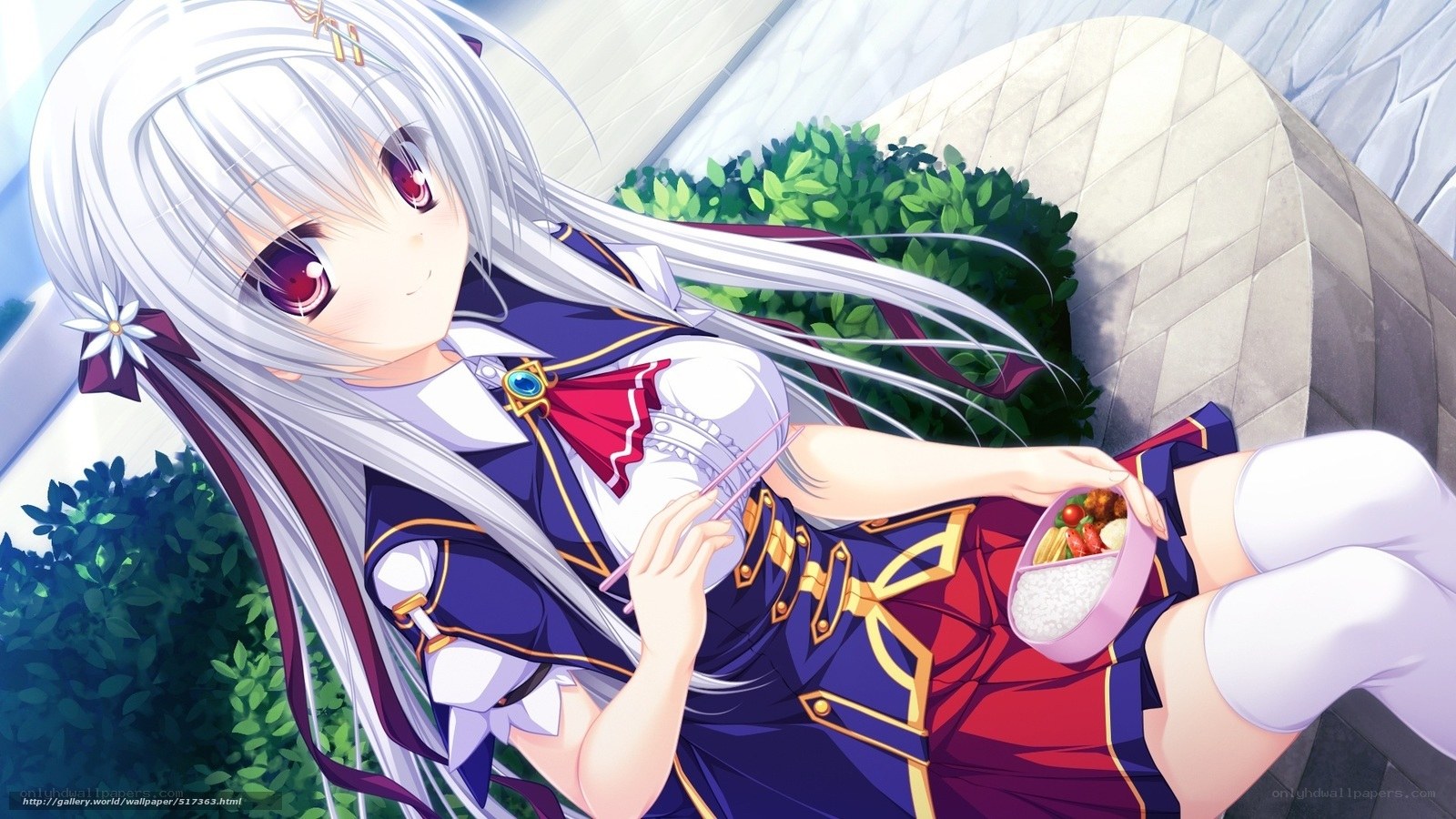 silver-haired girl eating bento