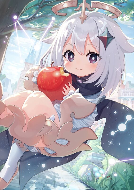 Silver-haired Girl Holding Apple — White