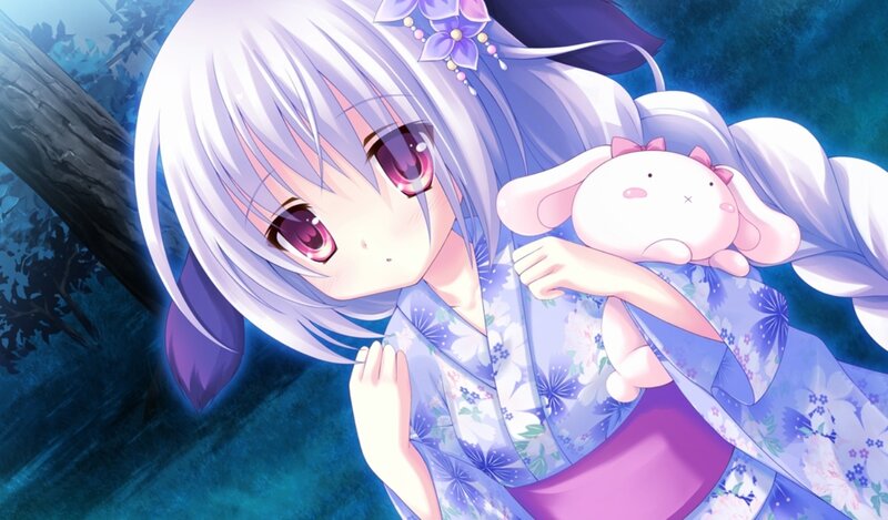 Silver-haired Girl Holding Bunny — Blue