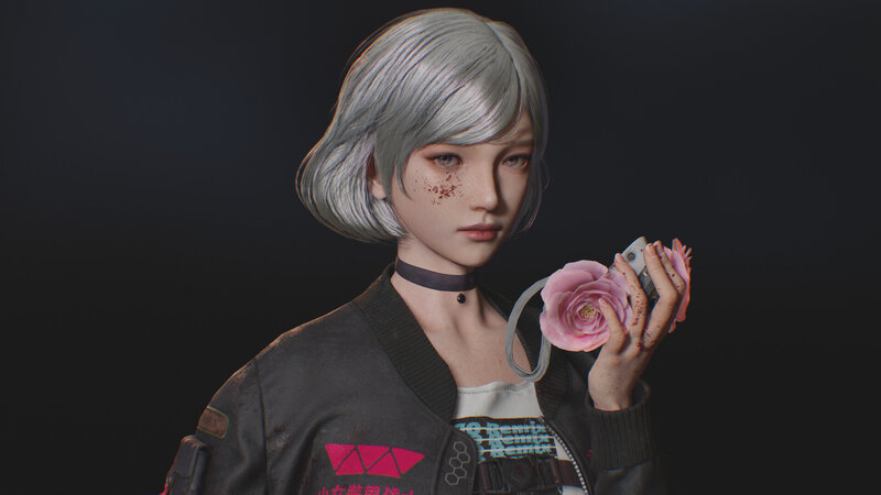 Silver-haired Girl Holding Flower