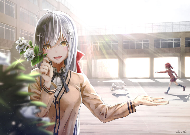 Silver-haired Girl Holding Flowers