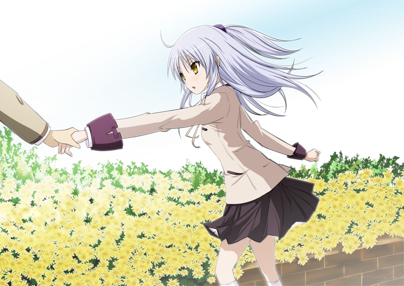 silver-haired girl holding hand