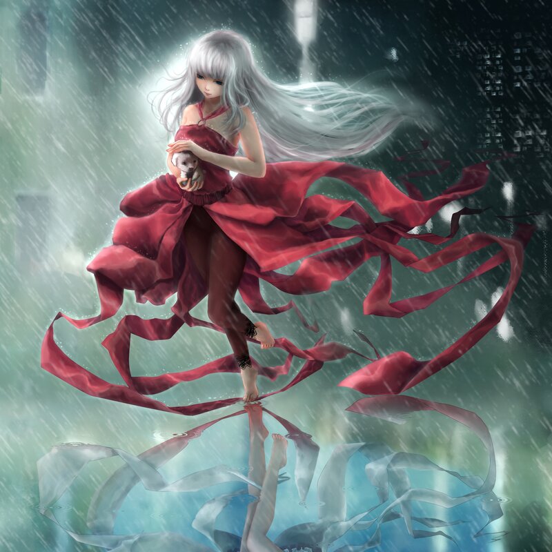 Silver-haired Girl Holding Puppy