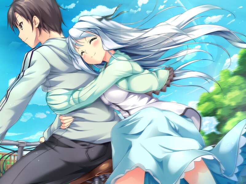 Silver-haired Girl Hugging Boy — Blue, Cheerful