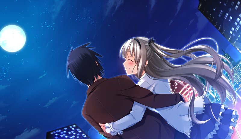 Silver-haired Girl Hugging Boy — Blue