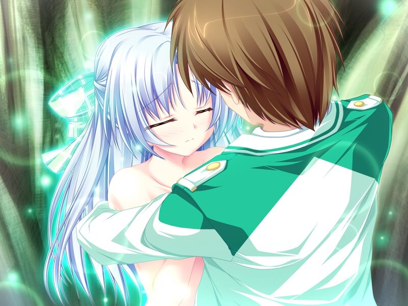 Silver-haired Girl Hugging Boy — Green